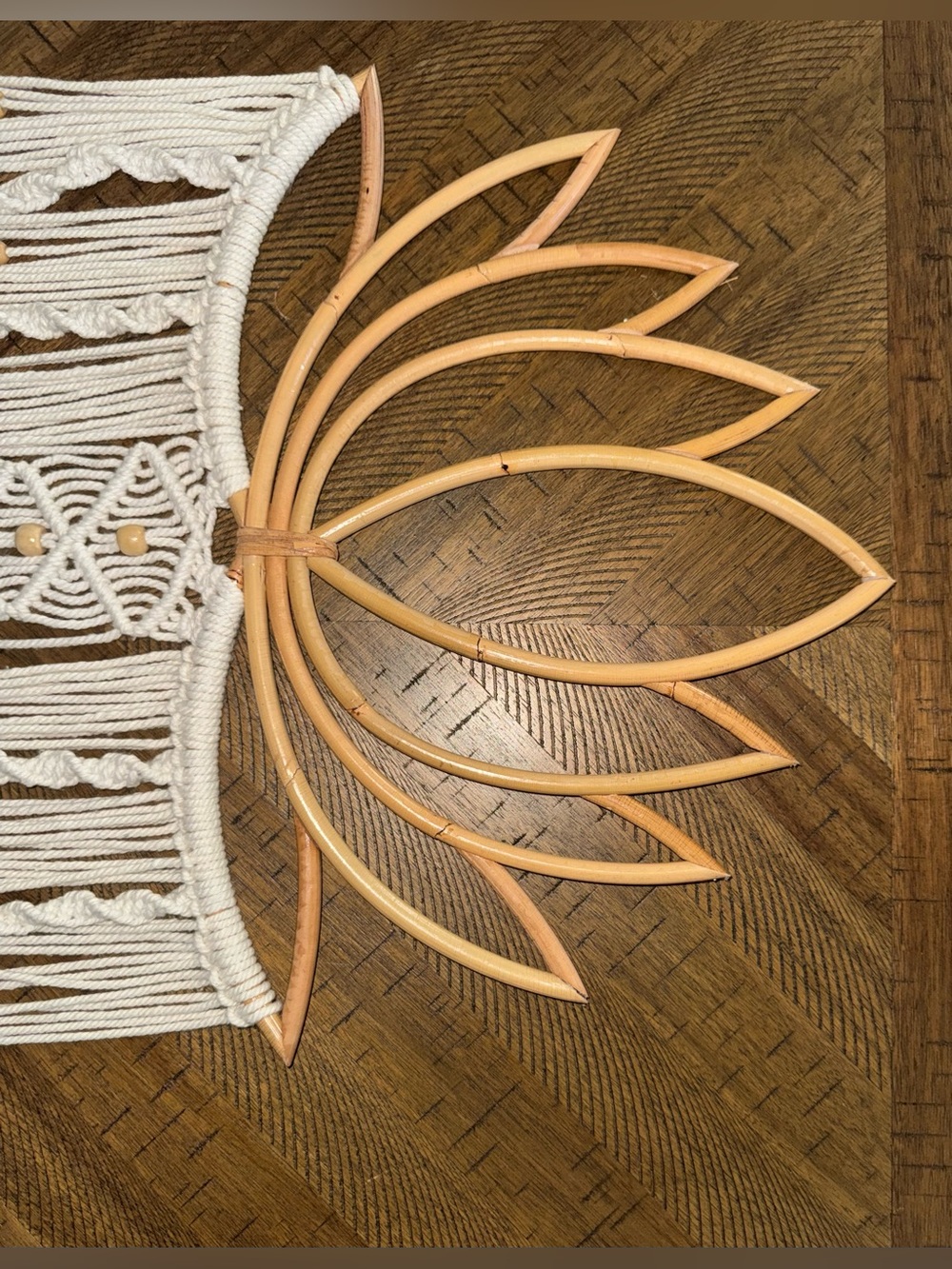 Handcrafted Cream Macramé Wall Hanging with Natural Wood Frame - Picture 5 of 6